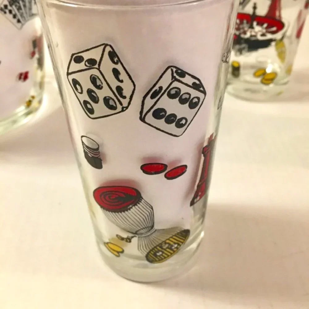 Hazel Atlas Ice Bucket Three Tumblers Set Vintage 1960s Game Night Poker Roulett
